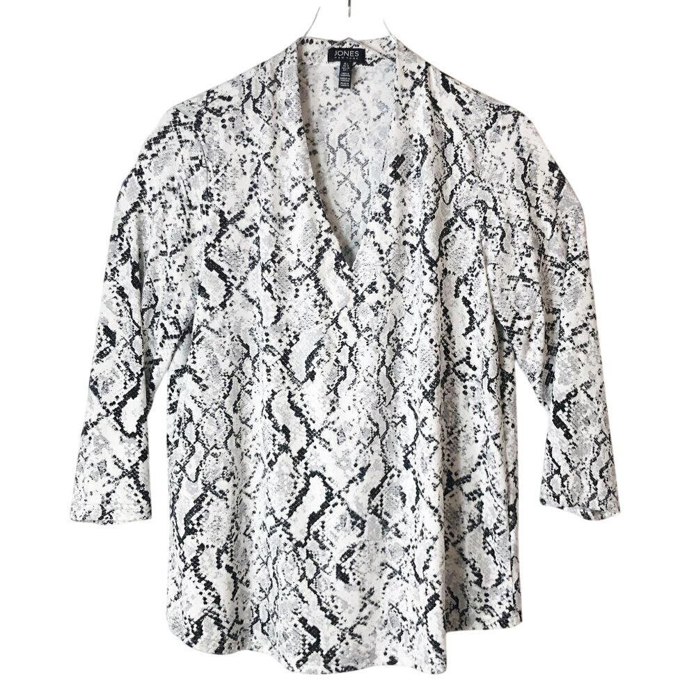 Jones New York Black & White Snake Print 3/4 Sleeve V-Neck Blouse Women's Size L